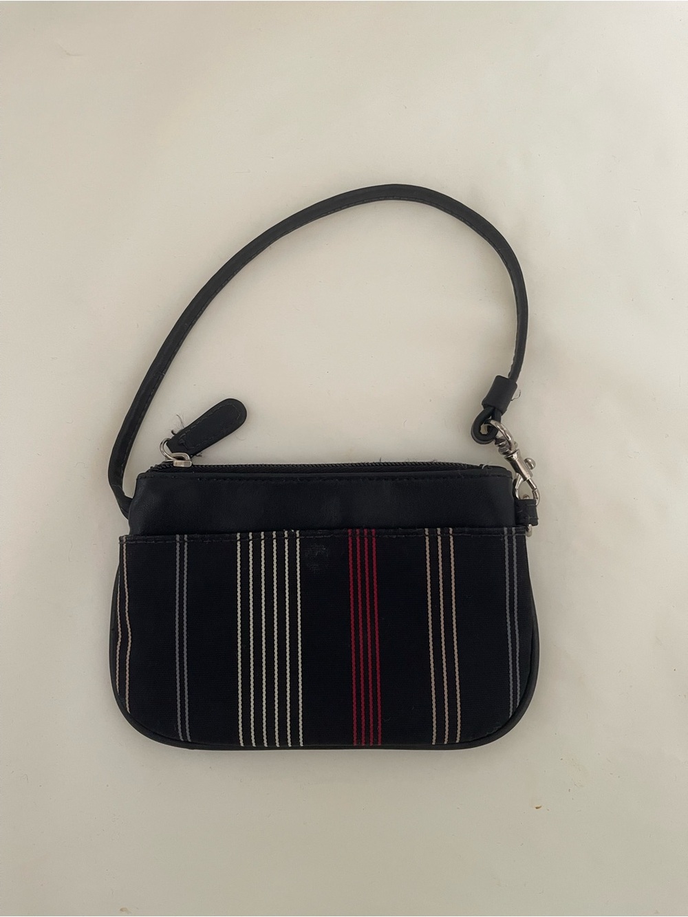 Villager Liz Claiborne Black Wristlet with Cream and Red Pinstripes